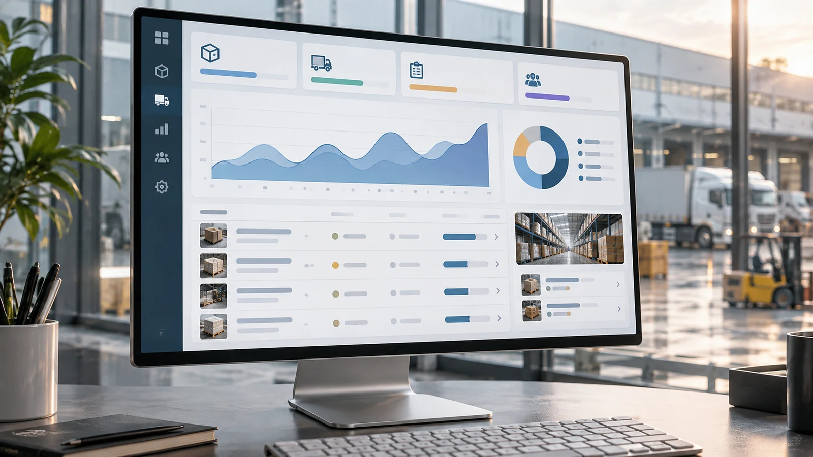 Illustrative operations workspace: inventory, procurement, and performance together on a large monitor.