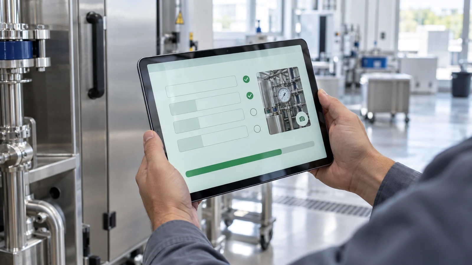 Illustrative field inspection: a person records equipment checks on a tablet in a modern facility.