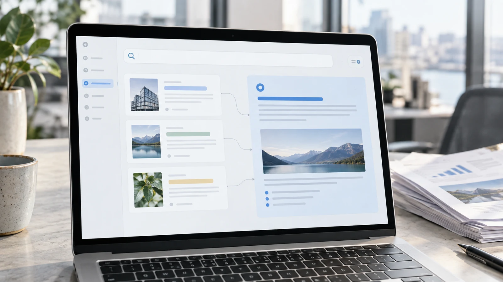 Illustrative knowledge workspace: source documents and a connected answer on a laptop in a bright office.