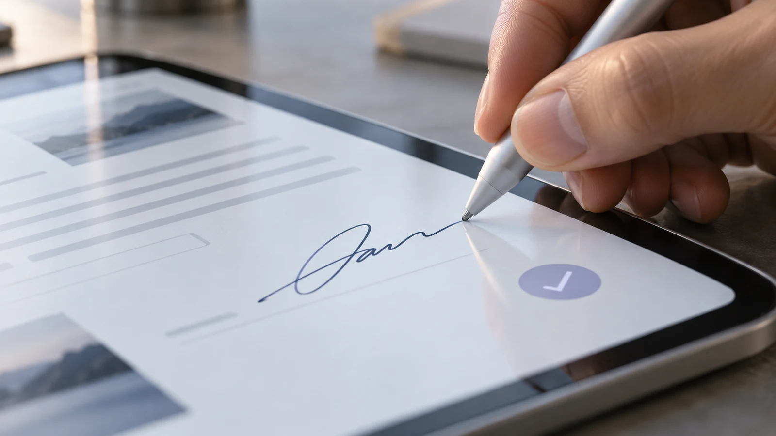 Illustrative digital signing: a close view of a stylus signing an agreement on a tablet.