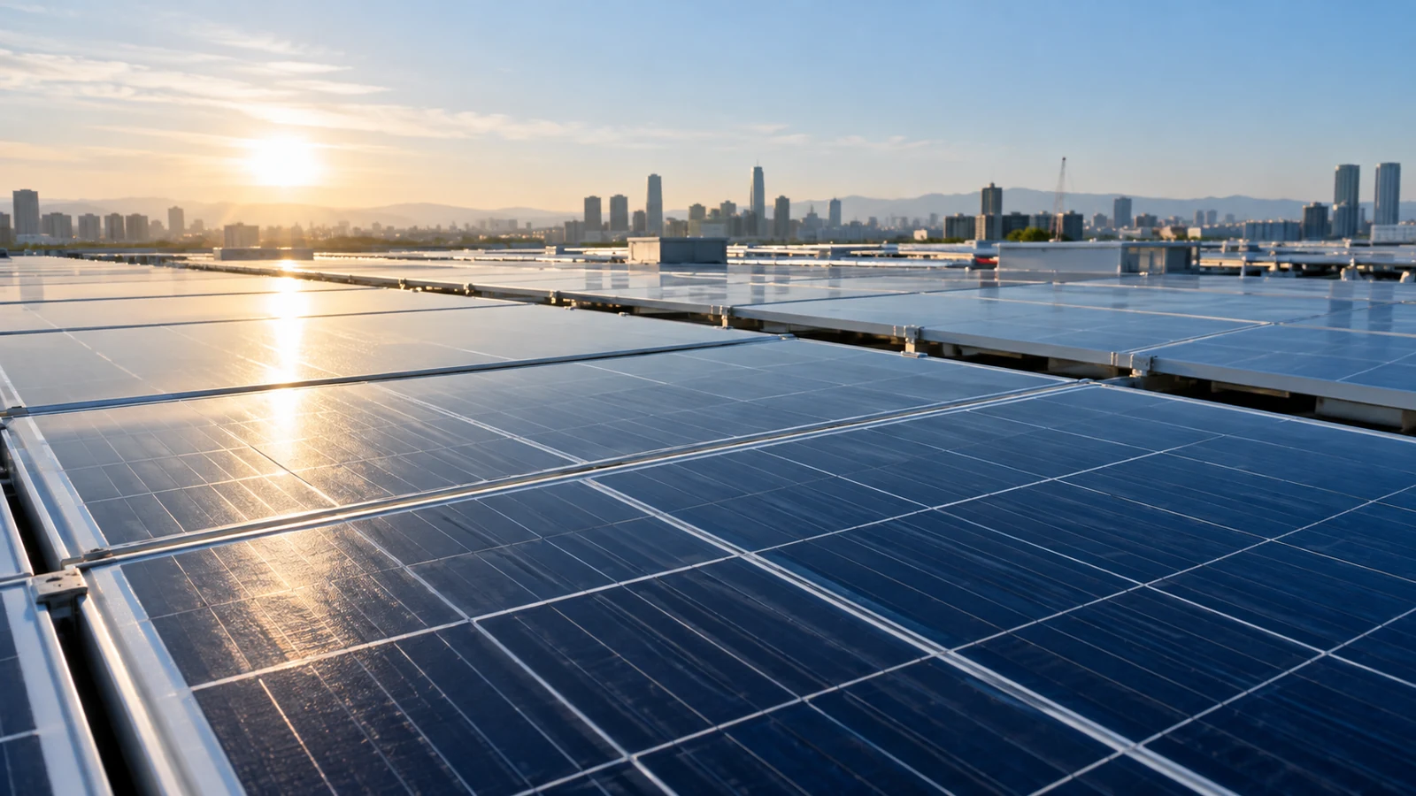 Illustrative energy setting: photovoltaic panels fill a commercial rooftop in morning light.