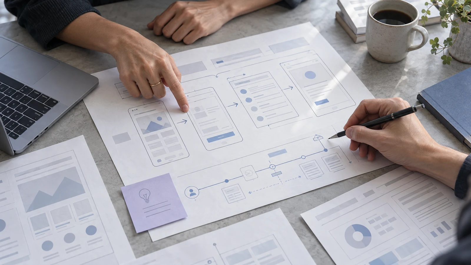 Illustrative product strategy: collaborators review interface sketches and a connected user journey.