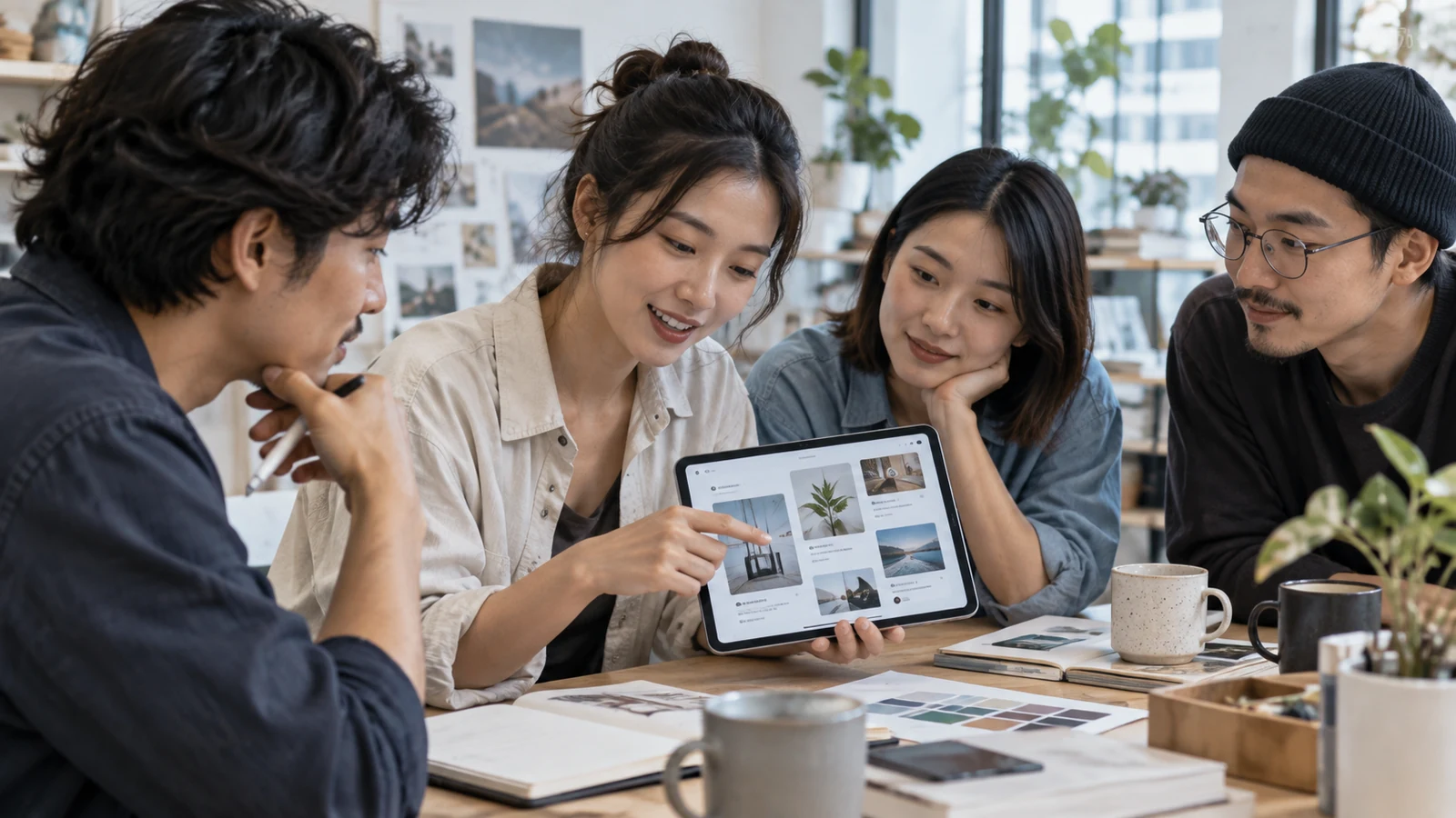 Illustrative community setting: people exchange ideas around a tablet in a shared creative space.