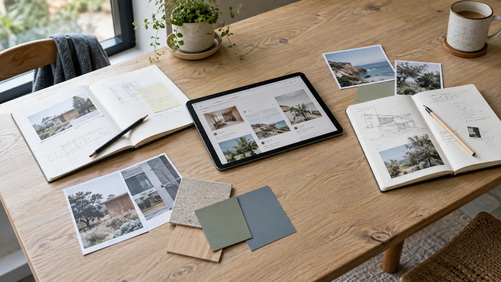 Illustrative shared creative table with a tablet, notebooks, and reference photographs, without people.