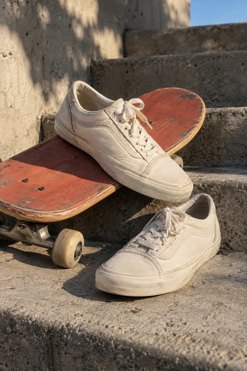Canvas sneakers and a coral skateboard in natural afternoon light.