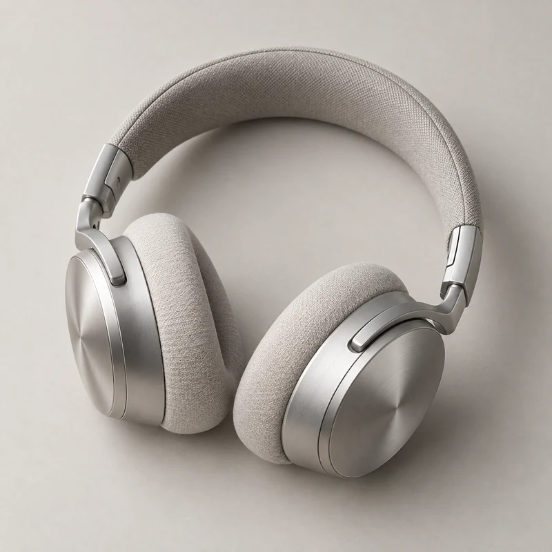 Illustrative silver over-ear headphone listing.